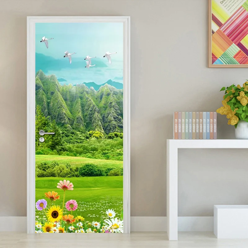 

Green Mountain Grassland Floral Flower Door Sticker Wall Mural Wallpaper Decor PVC Waterproof Self-adhesive Door Poster Stickers