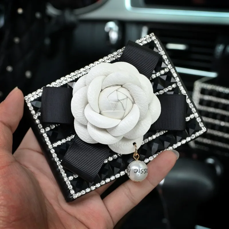 Camellia Flower Leather Car Key Case Key Wallet Storage Bags Crystal Rhinestones Auto Key Holder Covers For Women Girls Gifts