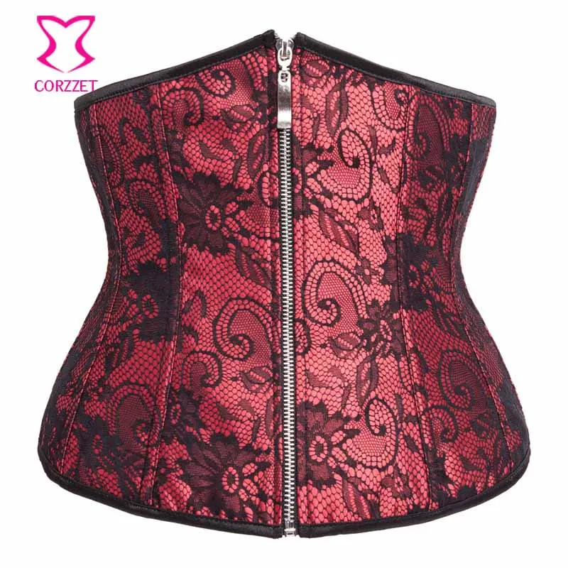 

Red Satin&Black Floral Lace Burlesque Gothic Corselet Korsett For Women Sexy Corset Underbust Waist Trainer Corsets With Zipper