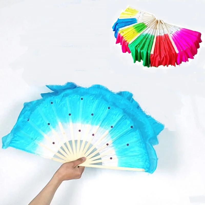 Blue Rose Red Green Colorful Belly Dance Women Costume Bamboo Long Silk Fans Veil Silk Fan Hand Made