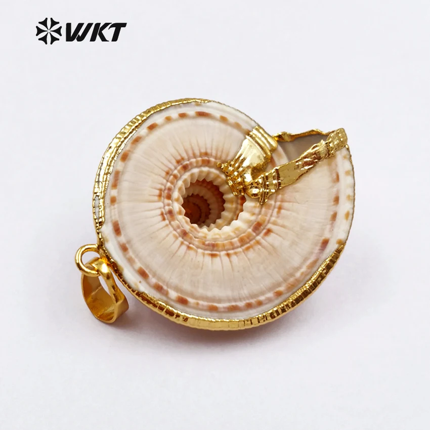 WT-JP007 New ! Classic Trumpet Shell Pendants 24K Metal Plated Trim On Edged Necklace Pendant Natural Shell Pendants