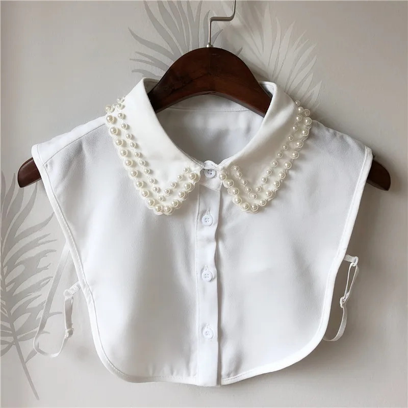 Women Cardigan Half Sweater Shirt Pearl Bead Chic Bow Fake Collar Lady Bowknot False Detachable Collar Chiffon Lapel Blouse Tops