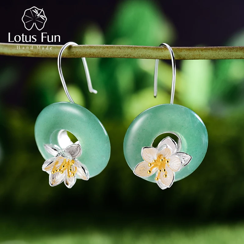 Lotus Fun Real 925 Sterling Silver Natural Gemstones Earrings Handmade Fine Jewelry Lotus Whispers Drop Earrings for Women Gift