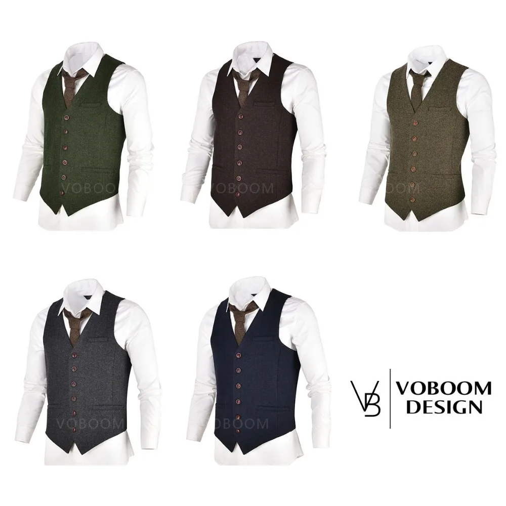 VOBOOM Wool Tweed Mens Waistcoat Single-breasted Herringbone Slim Fitted Suit Vests 007