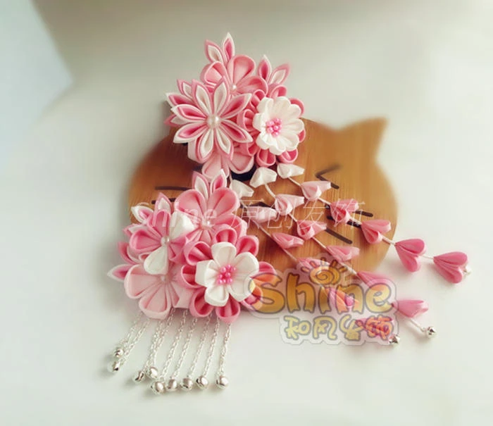 hand made hairpin cotton cloth hair clip barrettes Japanese anime Kimono cosplay accessories free shipping sakura tassels