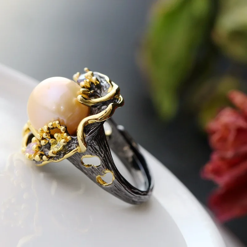 wholesale  925 sterling silver ring Restoring ancient ways with natural pearl ring by hand Silver female ring