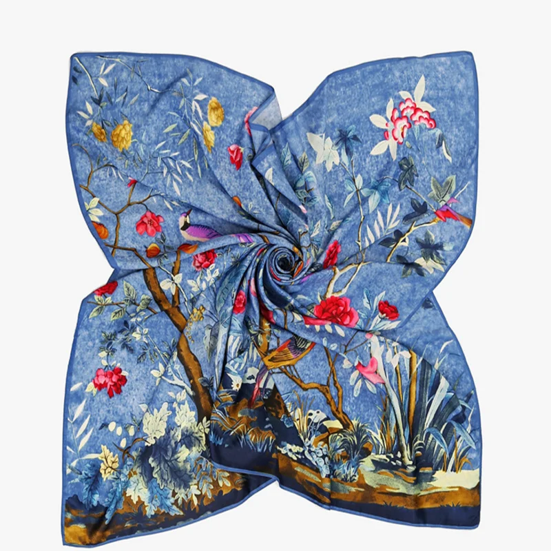 KOI LEAPING New Women Silk shawl Flower Bird Jungle Shawl Digital Print 130 * 130 Square Silk Scarf Party travel mom gift