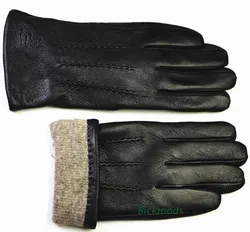 Men Winter Genuine Leather Gloves Deerskin Watermark Pattern Wool Lining Velvet Lining Free Shipping