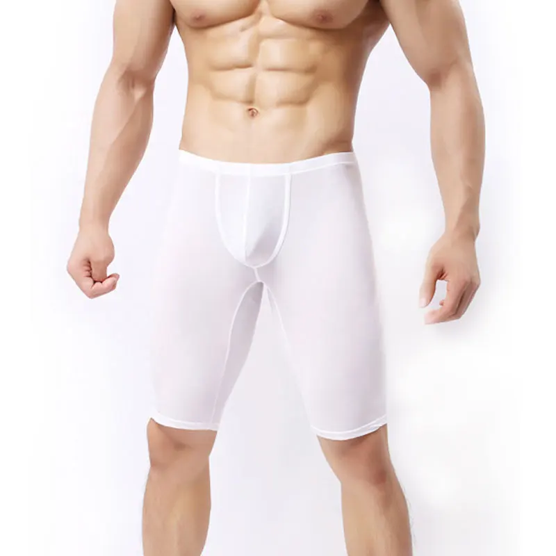 Sexy Men U Pouch Transparent Capris Sexy Ice Silk Pants Low Waist Five Pants Sexy Tight Pocket Pajama Breathable Trousers FX1013