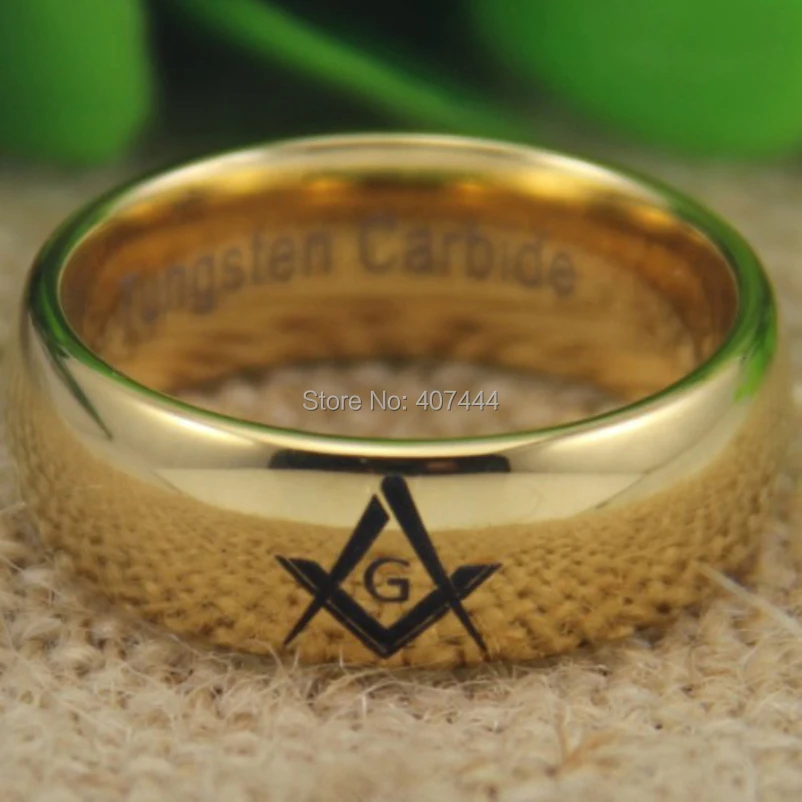 YGK Tungsten Ring YGK JEWELRY Hot Sales 8MM Freemason Masonic Master Gold Color Dome New Men\'s Tungsten Wedding Ring