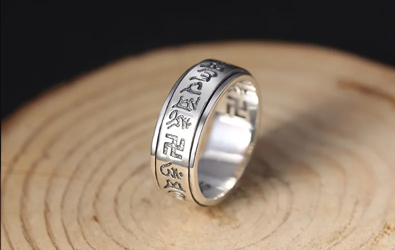 100% 925 Silver Tibetan Six Words Proverb Spinning Ring 925 Sterling Buddhist OM Mani Turning Ring Silver Good Luck Man Ring