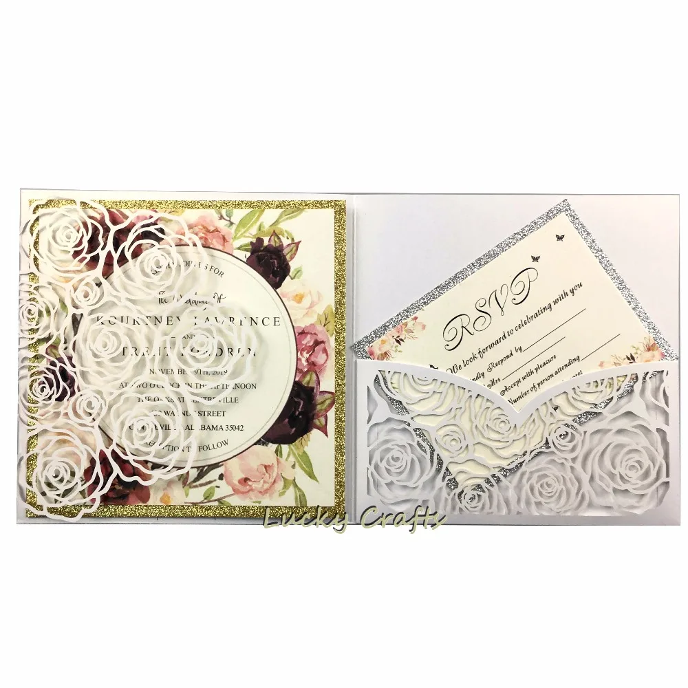 100pcs laser cut flowers square pocketfolds Wedding invitation cards customized insert trifold pocket Greeting Covers for party