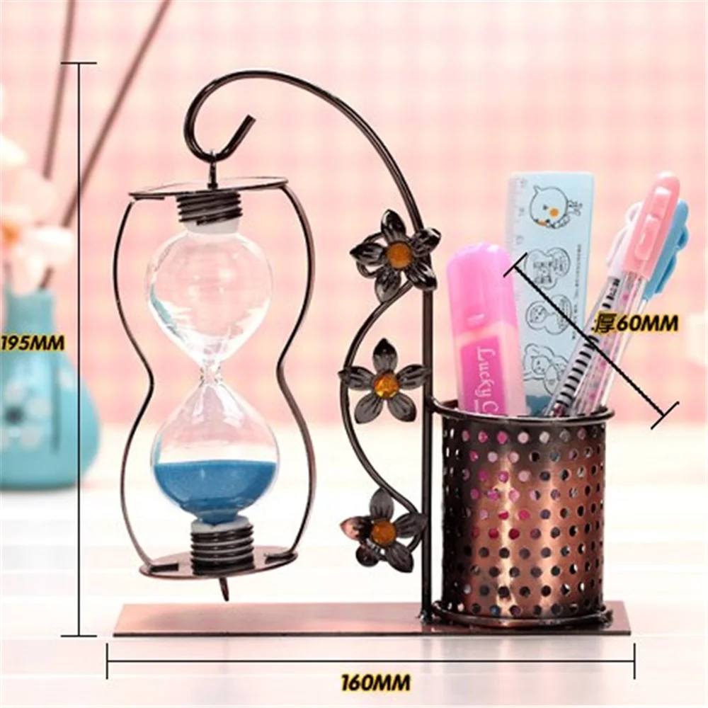 High Quality Handing Hourglass Metal Pen Holder Home Office School home Decoration