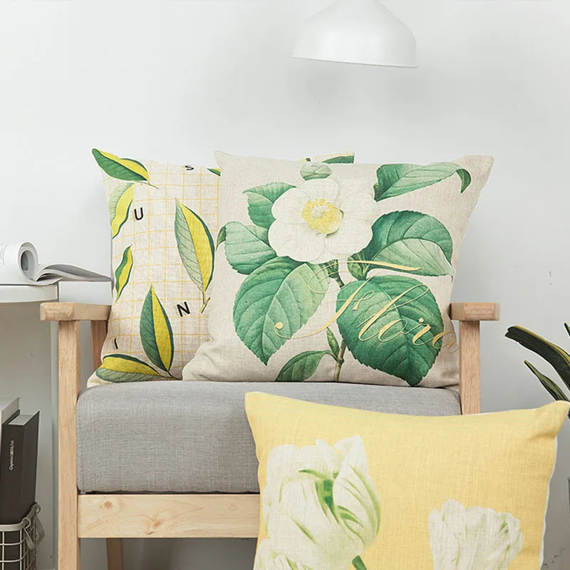 Cushion Cover Pillow Case Leaves Camellia Floral Yellow Green Bud Sofa Seat Cotton Linen Home Decorative 45*45cm Pillow Cover