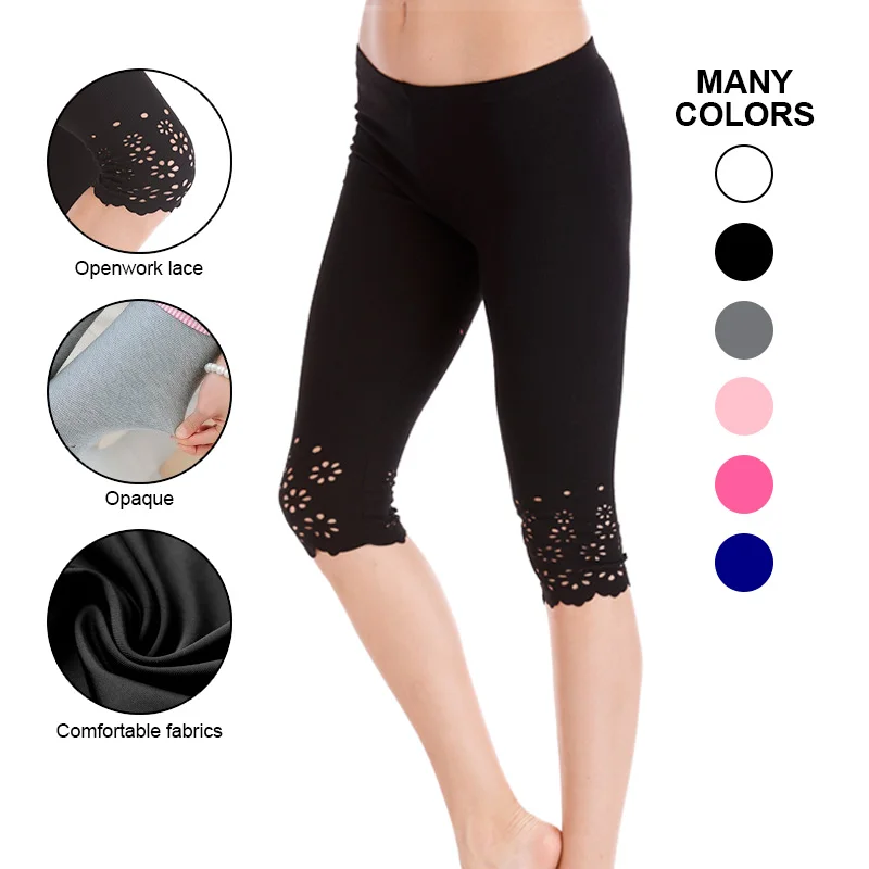 Summer Women Elastic Short Leggings Cotton Knitted Hollow Out Flower Pants Female Cute Short Leggings Solid Pants Safty