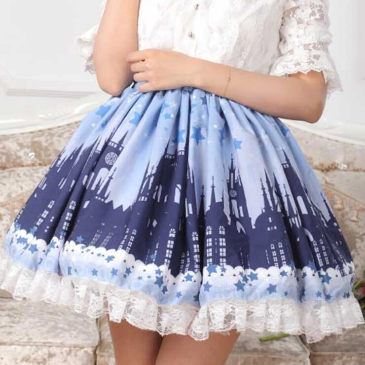 Women Cornflower Blue Skirts Korea Vintage Castle Printed Cute Lace Hem Lolita Princess Lovely Girl Bottoms