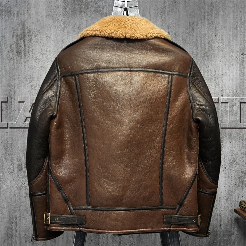 Denny&Dora Men's Shearling Leather Jacket Light Brown B3 Jacket Men's Fur Coat Aviation Original Flying Jacket