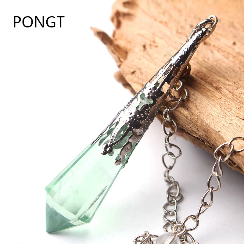 Fashion Natural Green fluorite healing crystals Pendulum quartz crystal pendant necklace Dowsing Reiki Chakra Pendulum jewelry