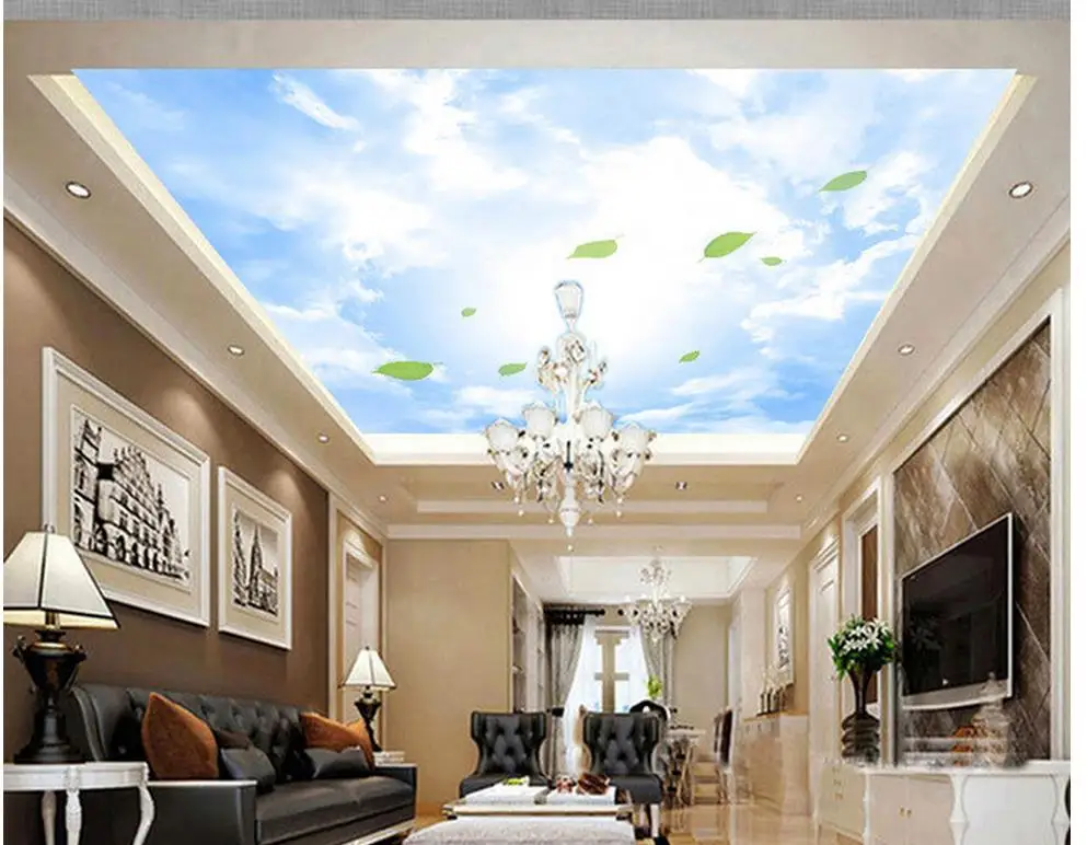 

Leaves blue sky white clouds roof ceiling wallpaper painting Home Decoration sky ceiling wallpaper