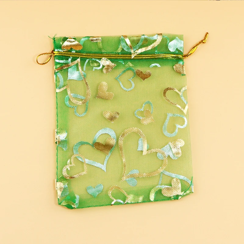 

Dark Green Organza Bag 17x23cm Heart Print Drawable Jewelry Pouches Cute Wedding Jewelry Packaging Display Gift Bags 100pcs/lot