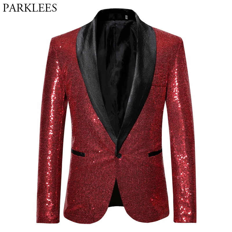 

Shiny Red Sequin Bling Glitter Blazer Jacket Men 2023 New Shawl Collar One Button Nightclub Party Prom DJ Rock and Roll Costumes