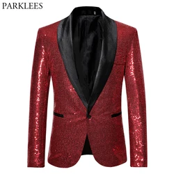 Chaqueta de lentejuelas Rojas brillantes para hombre, Blazer brillante con purpurina, cuello chal, un botón, Fiesta en club nocturno, baile de graduación, DJ, disfraces de Rock and Roll, 2023