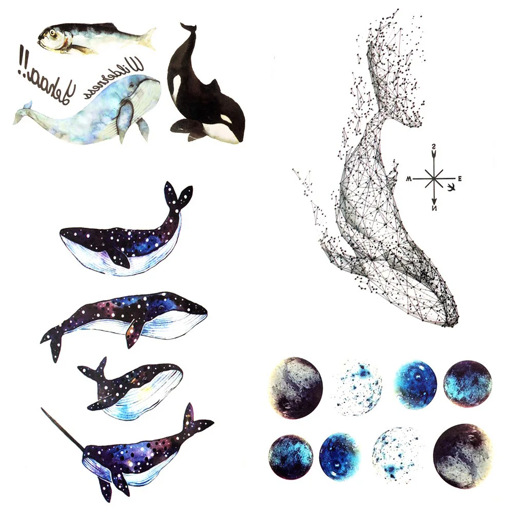 10.5x6CM Geometric Cute Dolphin Temporary Tattoo Starry Sky Whale Kids Body Hand Art Tattoo Stickers Men Arm Drawing Tatoos Girl