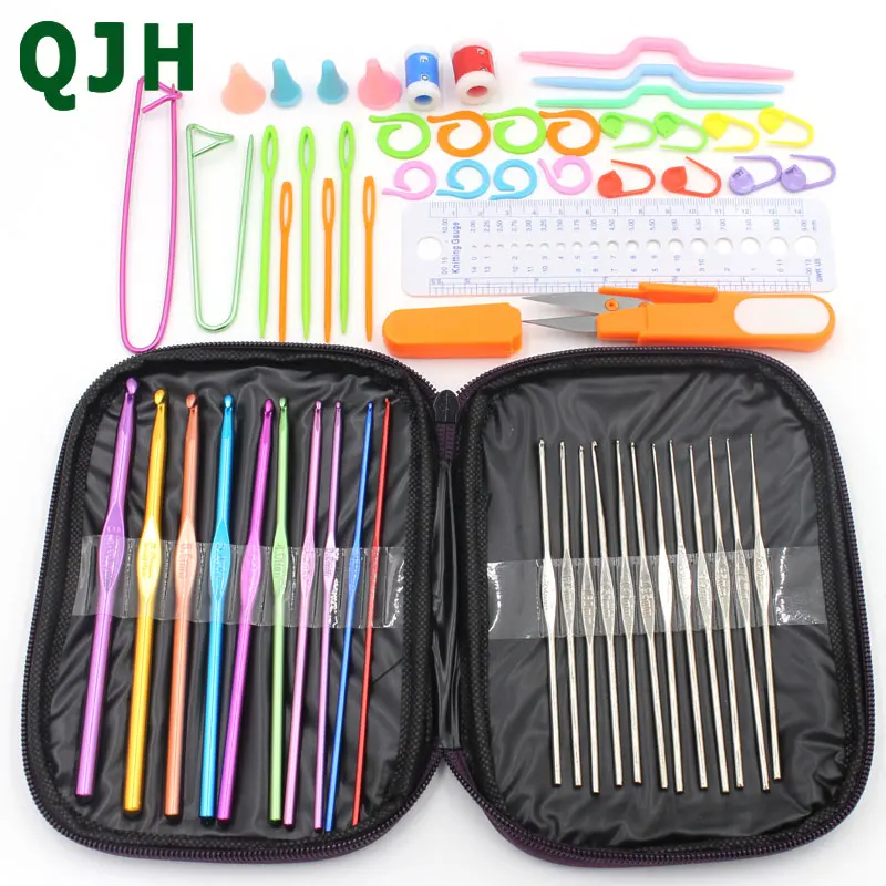 

QJH Crochet Hook Set With Blue Case Knitting Sewing Needles Full Set Knit Gauge Scissors Stitch Holder DIY Craft Tools 58pcs