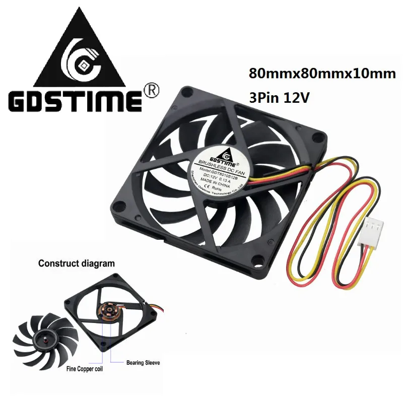 2 Pieces Gdstime 80mmx80mmx10mm Cooling Fan 80mm x 10mm DC 12V 3Pin Three Wires For PC CPU Case Cooler 8010