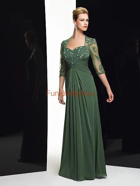 New Sheath Applique Floor Length Sleeved Chiffon Mother of the Bride/ Groom Dress Plus Size Formal Prom Evening Gowns