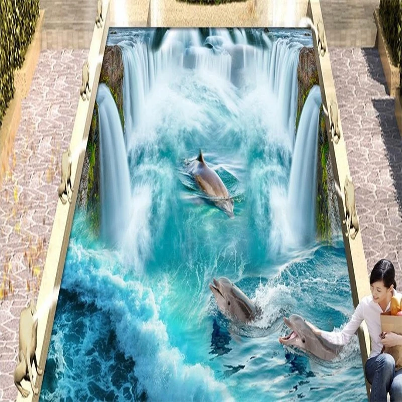 beibehang self adhesive wallpaper Dolphin Waterfall Waterproof Sticker Anti-slip Bathroom Floor 3D Mural wall papers home decor