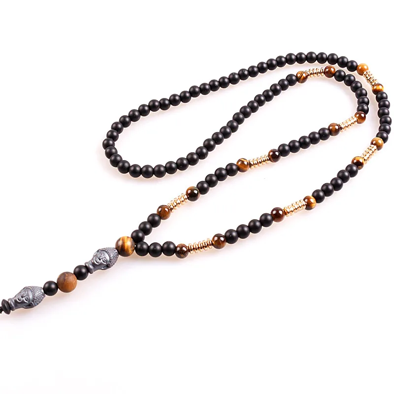 6mm Black Stone with Hematite Carving  Buddha Bead Surfer necklace Unisex Lariat Mala necklace