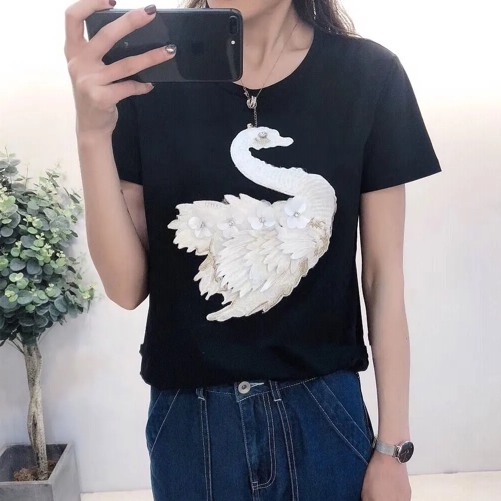 2024 New Fashion Cute Swan Embroidery T Shirt Women Brand T-shirt Casual Loose Short Sleeve O Neck Female Swan Animal Tops Tee