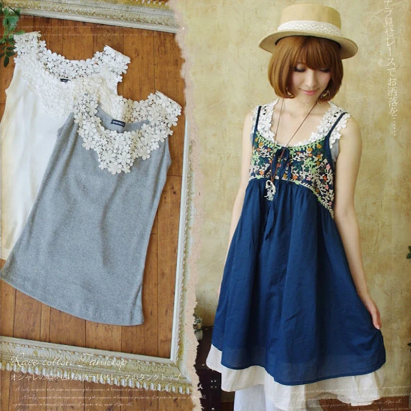 Japońska letnia kamizelka Mori Girl Tank Women Cute Daisy Lace Petal Hollow Sleeveless Cotton Bottoming Female Kawaii Tops Tees T206