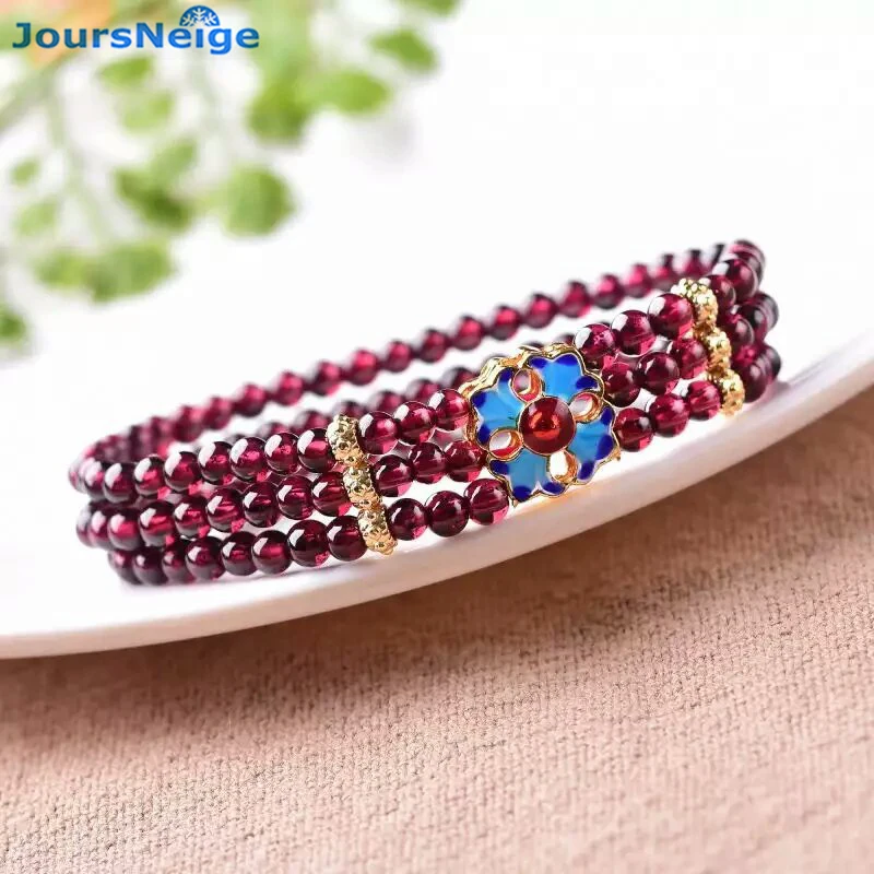 Wholesale Natural Garnet Bracelet Wine Red Bead With Roasted Blue Flower Bracelets Lucky for Women Girl Crystal Jewelry