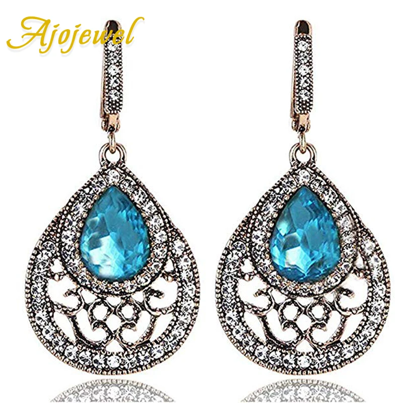 

Ajojewel Vintage Style Blue Crystal Water Drop Earrings For Women With Rhinestone Antique Gold Color Retro Jewelry Wholesale