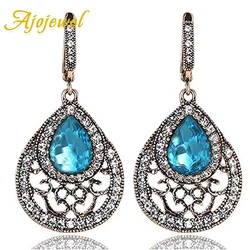 Ajojewel Vintage Style Blue Crystal Water Drop Earrings For Women With Rhinestone Antique Gold Color Retro Jewelry Wholesale