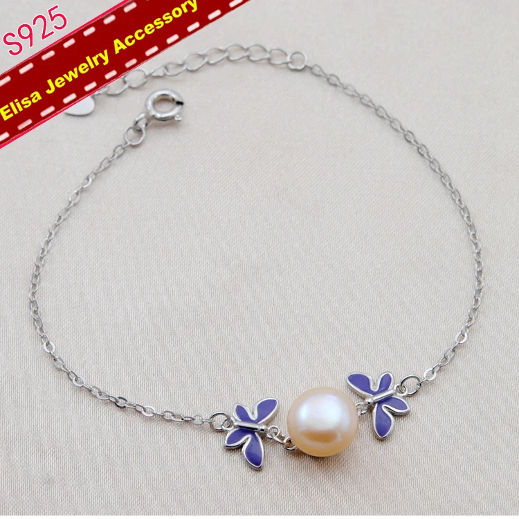 S925 Sterling Silver Blue Color Double Butterflies Pearl Bracelet Jewelry Findings Handmade Bracelet Jewelry Fittings 3Pieces