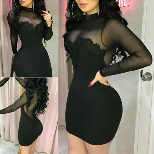 Summer Dresses 2019 New Summer Women Sexy Black Lace Long Sleeve Turtleneck See-Through Mesh Patchwork Short Skinny Dress