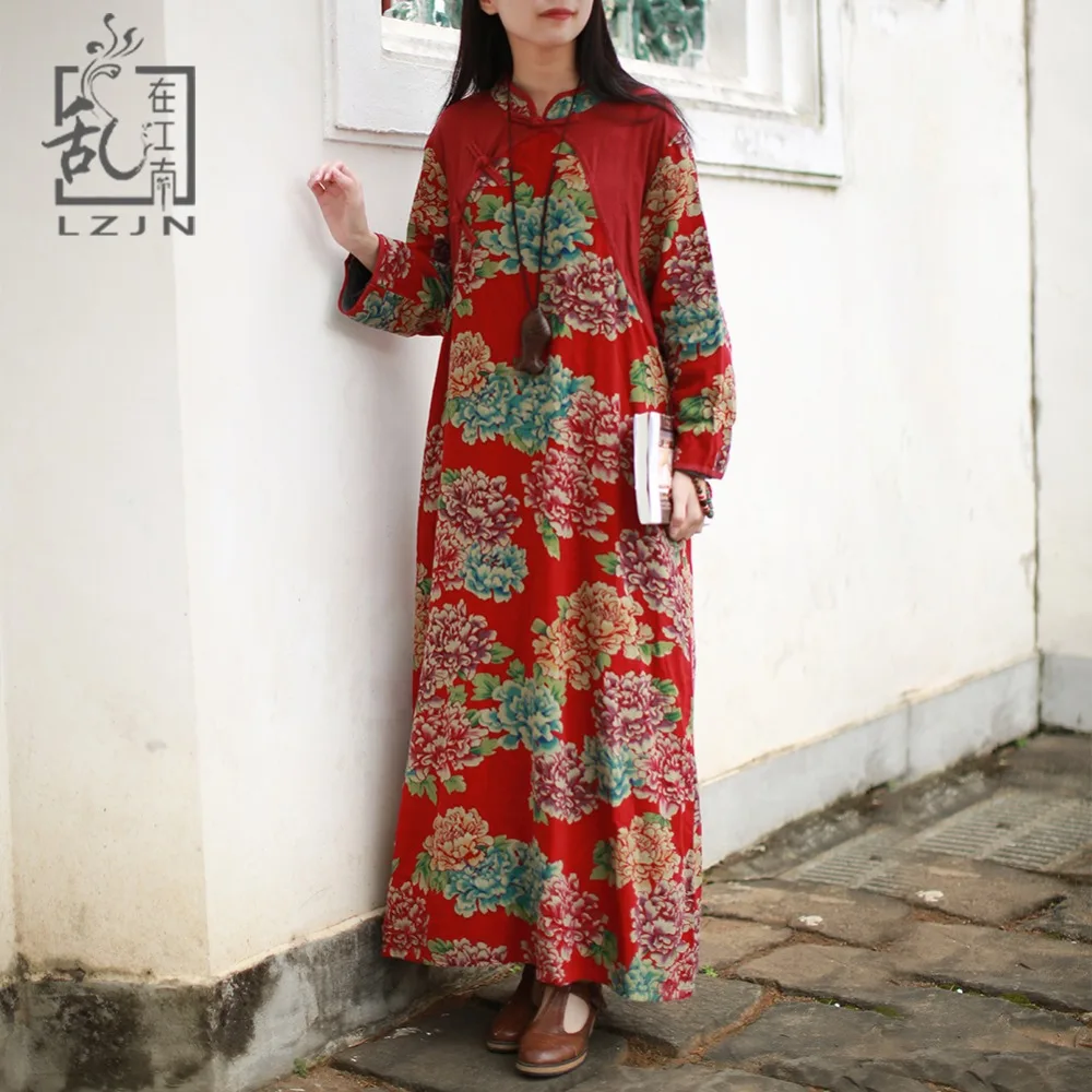 

LZJN A-line Floral Maxi Dress with Pockets 2019 Spring Autumn Casual Shirt Dress 3/4 Sleeve Women Vintage Chinese Robe Femme