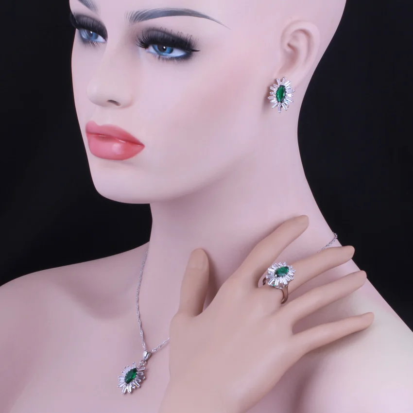 Glittering Green Cubic Zirconia White CZ Silver Plated Jewelry Sets Earrings Pendant Nacklace Chain Ring V0243