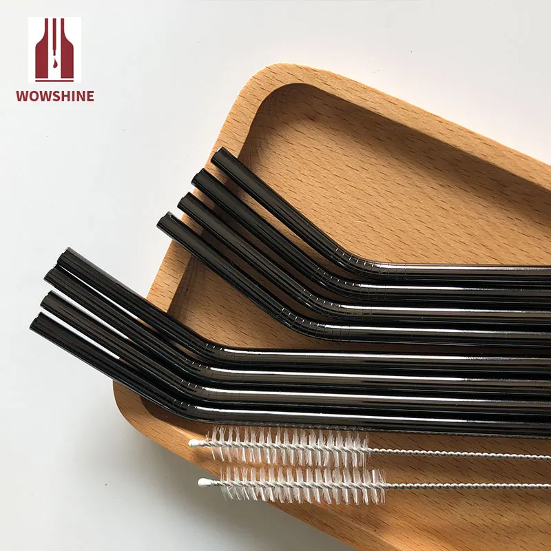 Wowshine Factory Free Shipping  Gun Black 8 straws+2 brushes stainless steel straws  10pcs/set