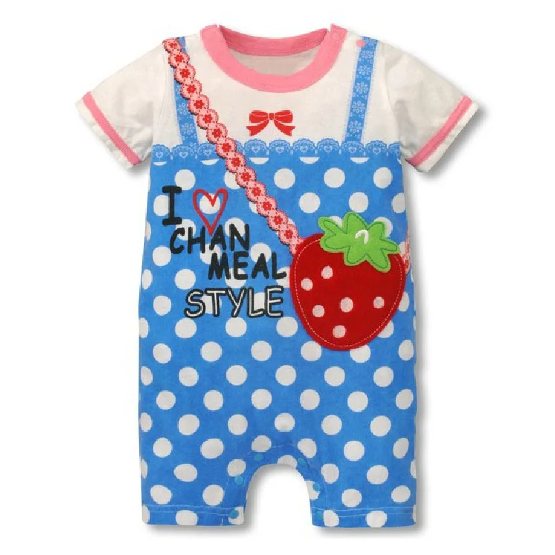 Blue Baby Rompers Jumpsuits for girls polka dot strawberry Newest Baby Clothes cute girl dress