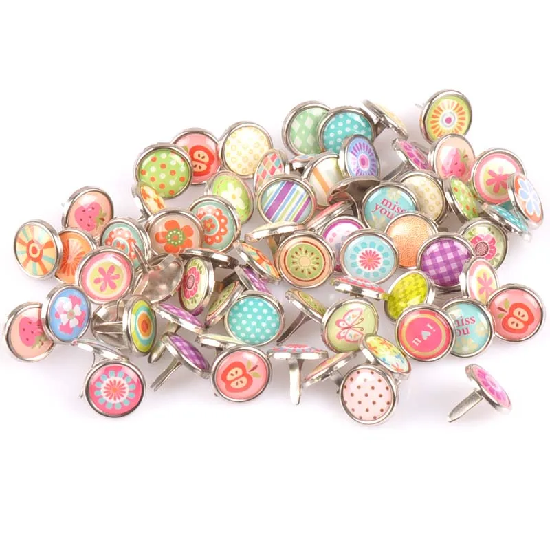 50PCs mix Pattern Round Diy Brads Scrapbooking Embellishment Fastener Brad Metal Crafts Decoration 12x12mm cp1903