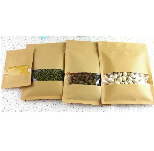 100Pcs Zipper Top Flat Pouch Kraft Paper Bag With Clear Window For Dried Food Nuts Candy Packaging Party Gift Bags