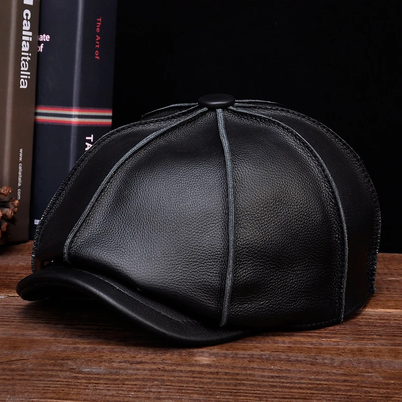 HL058 MEN\'S Genuine Leather Baseball Cap Hat Brand New Real Leather Beret Caps Hats