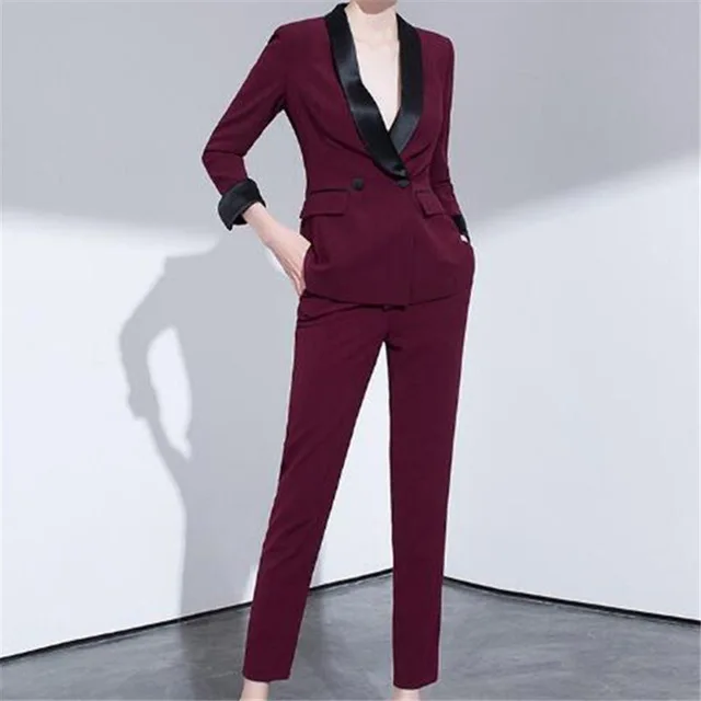 

2019 Wine Red Women's Elegant Fashion Custom Made 2Pieces Suits Black Lapel Slim Fit Women Business Office Outfit Suits