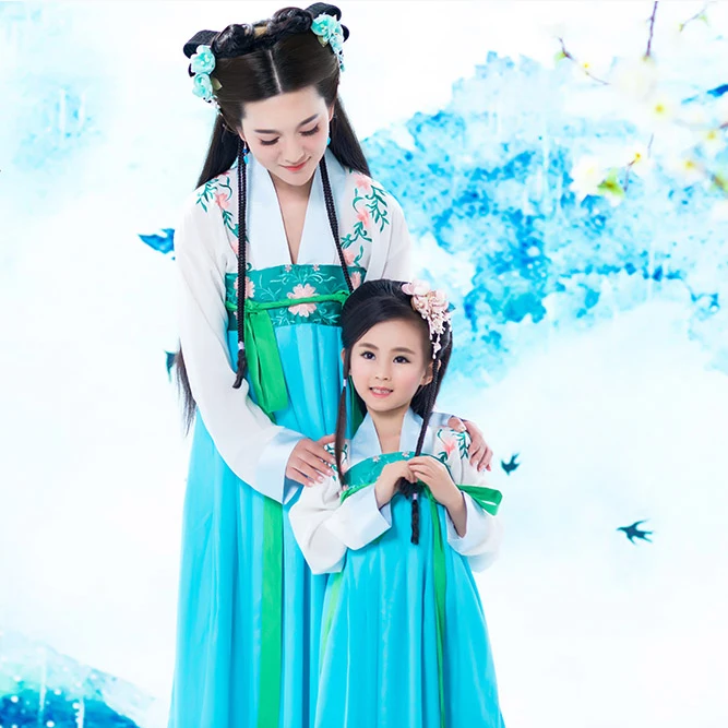 Qing Ping Le Tang Princess High Waist Mum and Daughter Parent Child Costume Sets Trditional Hanfu Stage Performance Costume