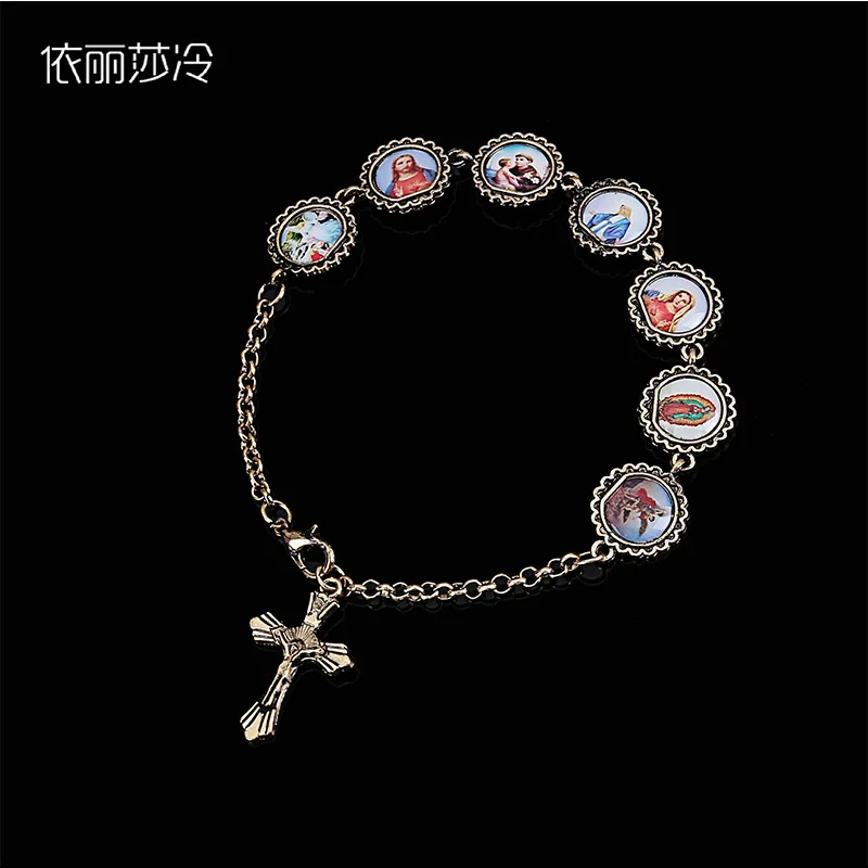 Alloy Cross Rosary Bracelet, Jesus Vee Jane Mary Icon Bracelet Men and Women Religious Jewelry Bracelet
