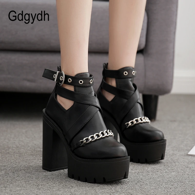 Gdgydh Plus Size 42 Fashion Chain Women Shoes Zipper Square High Heel Ankle Boots For Women Punk Shoes Platform Spring Autumn